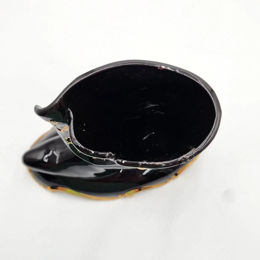 Vintage Ceramic Victorian Boot Vase Planter Black Gold Attributed Atlantic Mold